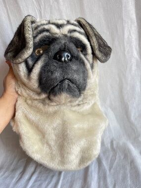Plush Pug Dog Head Plushie - Cream and Gray Mask Costume